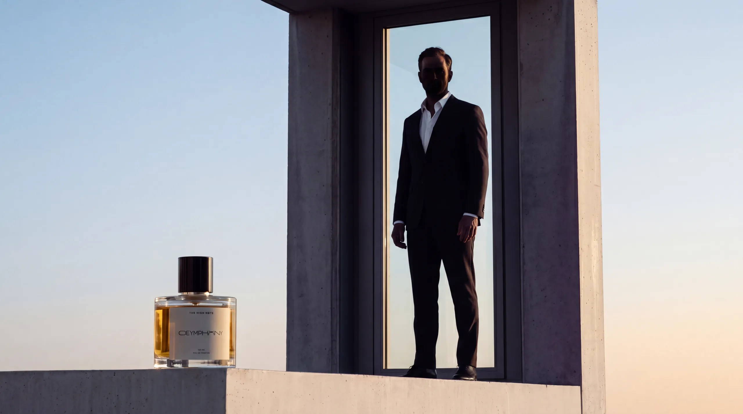A figure in dark suit and open white shirt, near-silhouette in a tall slot-window architectural frame at late afternoon, The High Note bottle sharp in the foreground on the ledge beside them.