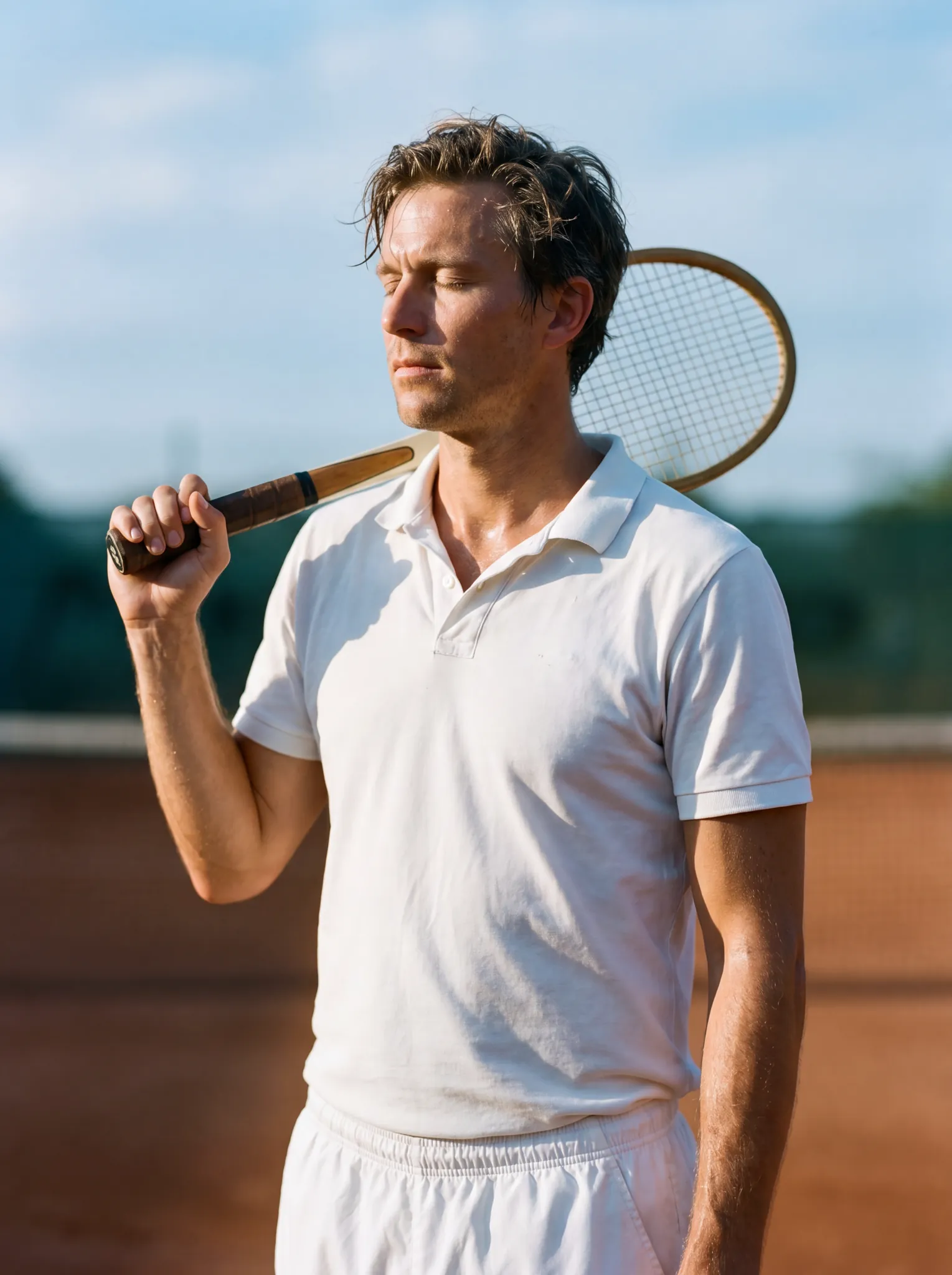 An athletic figure, mid-30s, eyes closed in suspension, wooden tennis racket resting on the shoulder, plain white cotton polo.