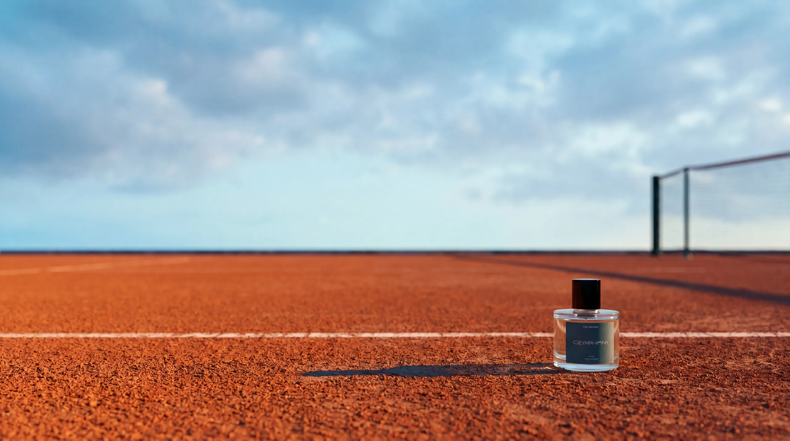 Wide empty red clay tennis court from a low angle, cloud-blue sky filling the top two thirds, The Melody bottle small in the mid-frame.
