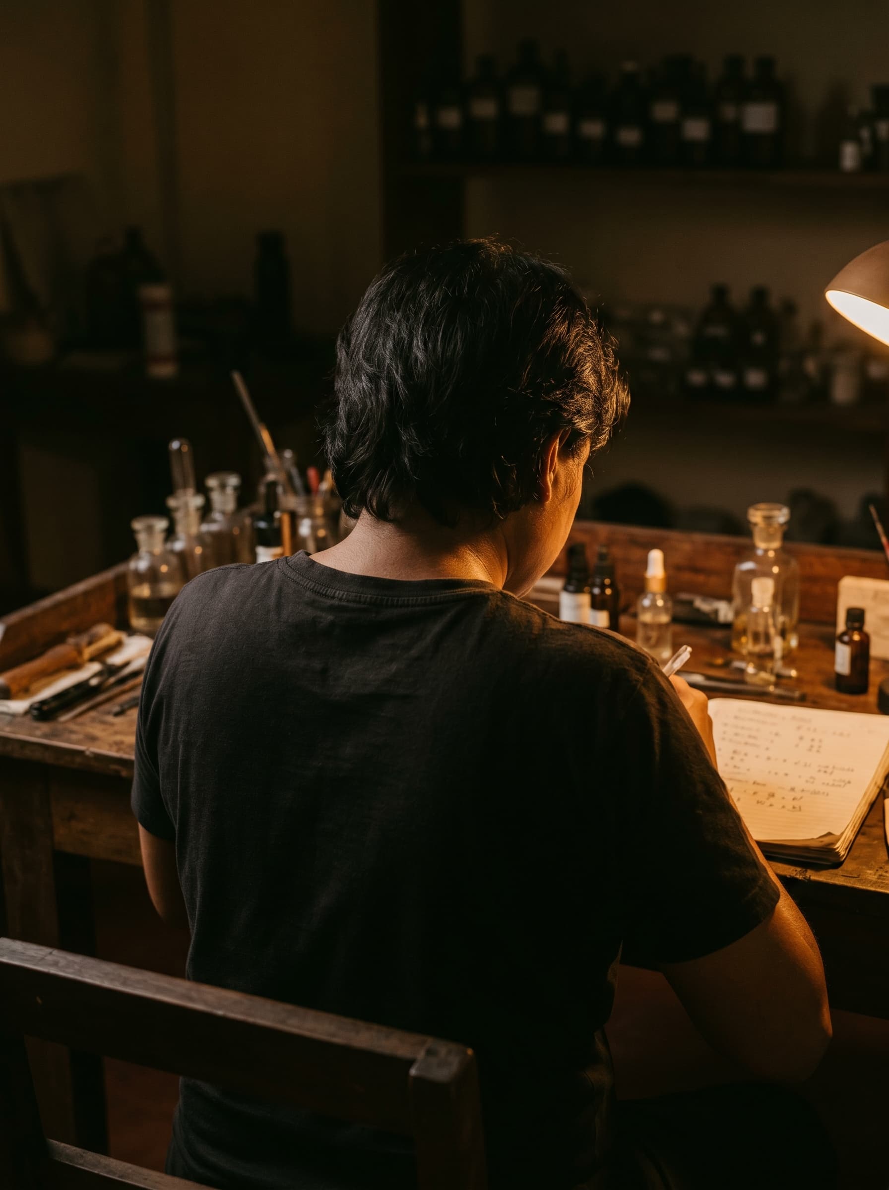 The founder at the workbench, seen from behind — dark cotton shirt, warm desk-lamp rim, apothecary shelves softening into shadow.